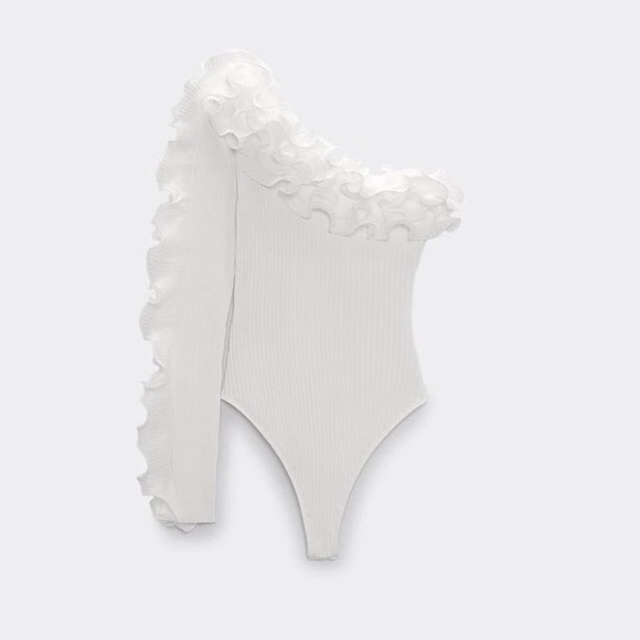 Zara oyster white ruffled asymmetrical bodysuit NWT - Picture 7 of 8